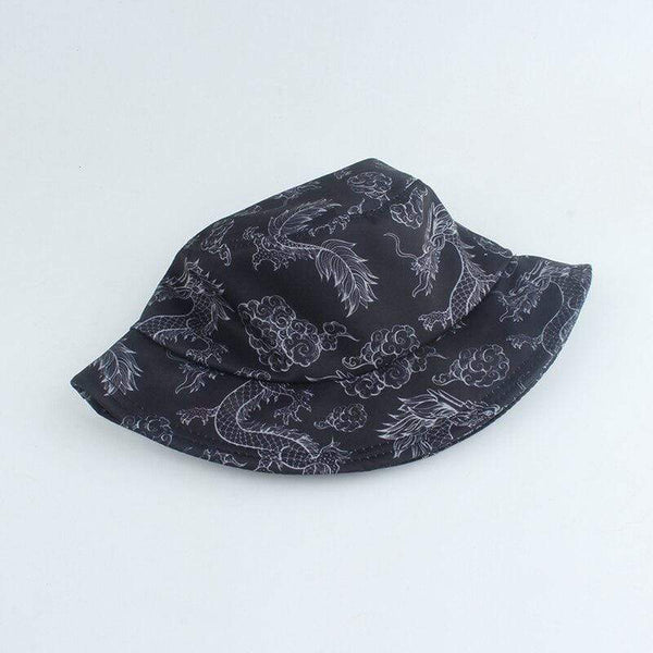 Planet Gates Harajuku Punk Black Fisherman Hat Panama Bob Casquette Dragon Print Bucket Hats For Women Men Hip Hop Cap Gorro
