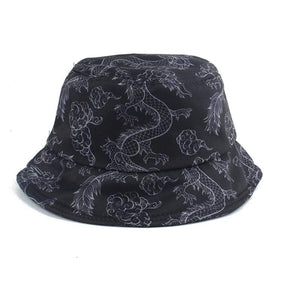 Planet Gates Harajuku Punk Black Fisherman Hat Panama Bob Casquette Dragon Print Bucket Hats For Women Men Hip Hop Cap Gorro