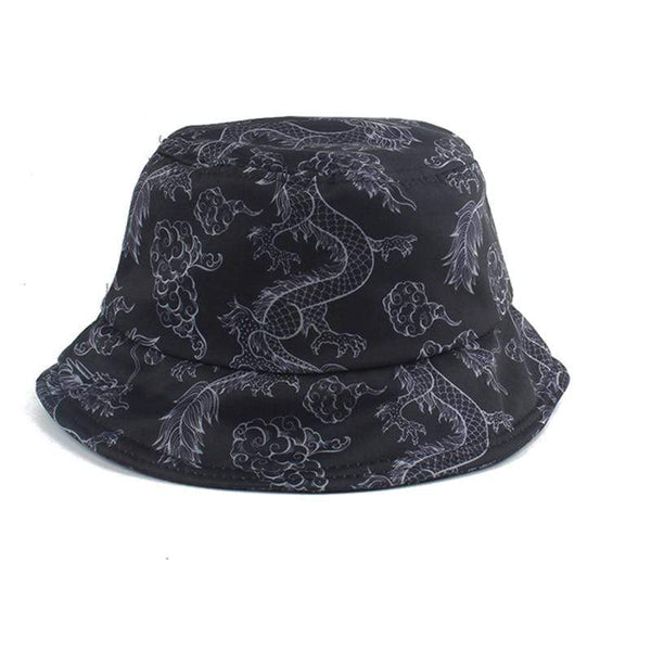Planet Gates Harajuku Punk Black Fisherman Hat Panama Bob Casquette Dragon Print Bucket Hats For Women Men Hip Hop Cap Gorro