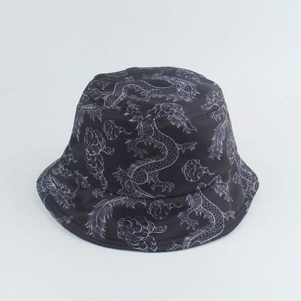 Planet Gates Harajuku Punk Black Fisherman Hat Panama Bob Casquette Dragon Print Bucket Hats For Women Men Hip Hop Cap Gorro