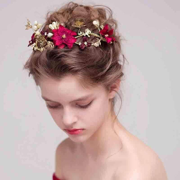 Planet Gates Headpieces Wedding Headband Red Color Simulated Pearl Flower Princess Hair Vine Headdress Pearls Wedding Hair Accessories