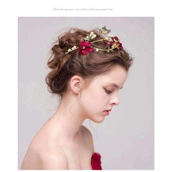 Planet Gates Headpieces Wedding Headband Red Color Simulated Pearl Flower Princess Hair Vine Headdress Pearls Wedding Hair Accessories