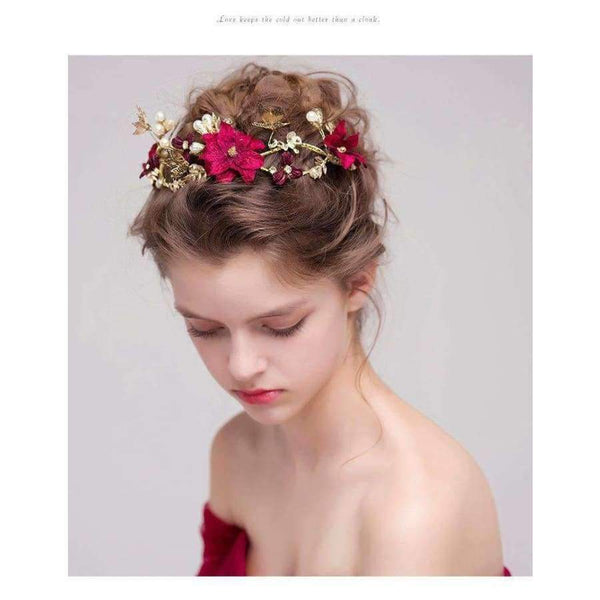 Planet Gates Headpieces Wedding Headband Red Color Simulated Pearl Flower Princess Hair Vine Headdress Pearls Wedding Hair Accessories