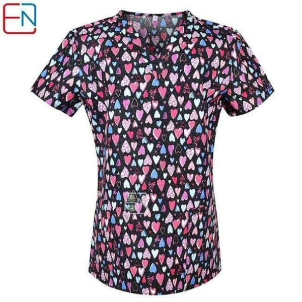 Planet Gates hearts / XXS Women Scrub Top With V-Neck 100% Cotton Print Surgical Medical Uniforms Hospital Nurse Scrub Tops For Women