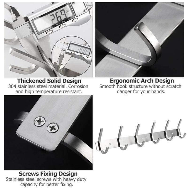 Planet Gates Heavy Duty Stainless Steel Wiredrawing Wall Mounted Hook Rack Hook Rail Coat Rack with 6 Hooks Home Storage Organization