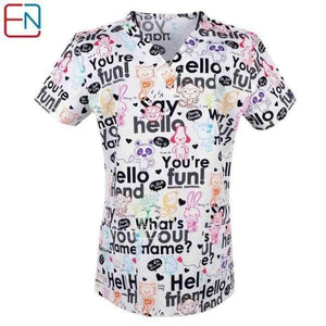 Planet Gates hello friend / XXS Women Scrub Top With V-Neck 100% Cotton Print Surgical Medical Uniforms Hospital Nurse Scrub Tops For Women
