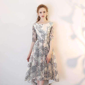 Planet Gates High Low Evening Dresses Long 2018 Elegant O-neck Half Sleeves Lace Prom Dresses For Graduation Plus Size