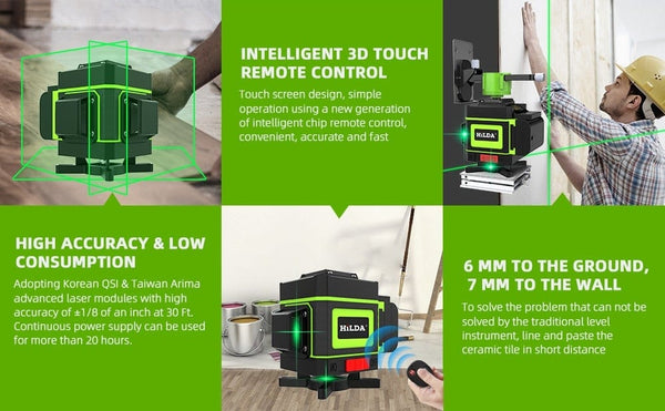 Planet Gates HILDA Laser Level 12 Lines 3D Level Self-Leveling 360 Horizontal And Vertical Cross Super Powerful Green Laser Level