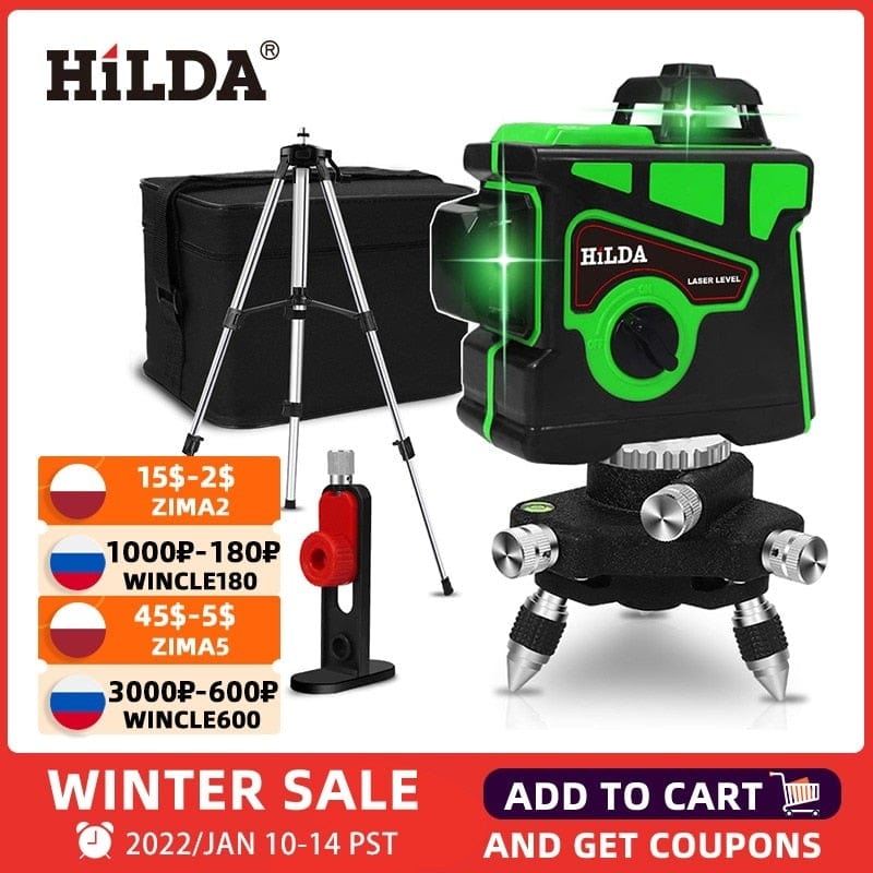 HILDA Laser Level 12 Lines 3D Level Self-Leveling 360 Horizontal And V