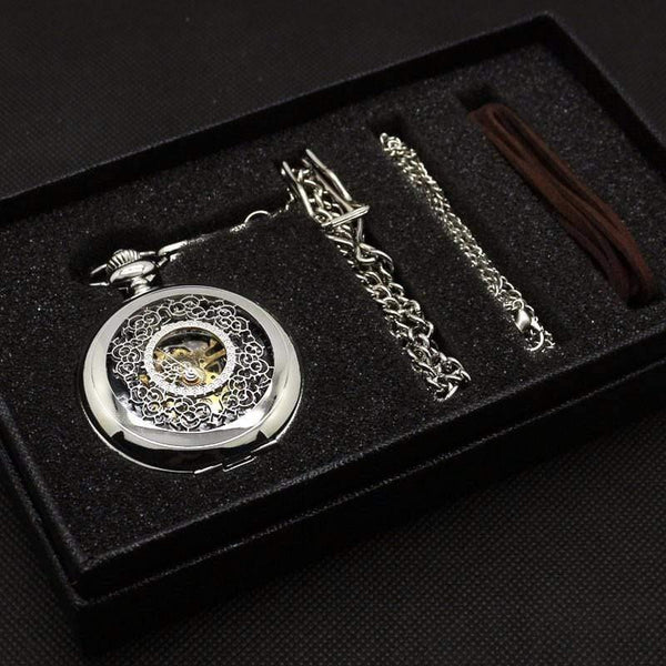 Planet Gates Hollow Flower Silver Hand Winding Mechanical Pocket Watch Mens Womens Box Bag