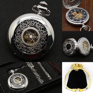 Planet Gates Hollow Flower Silver Hand Winding Mechanical Pocket Watch Mens Womens Box Bag