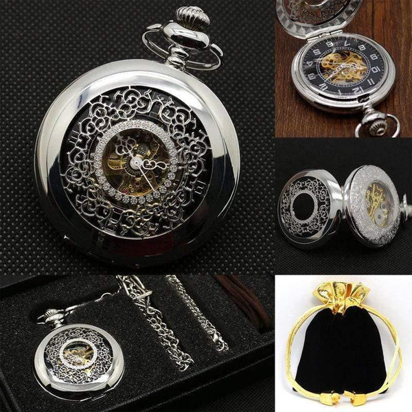 Planet Gates Hollow Flower Silver Hand Winding Mechanical Pocket Watch Mens Womens Box Bag