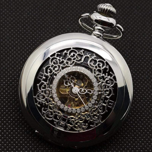Planet Gates Hollow Flower Silver Hand Winding Mechanical Pocket Watch Mens Womens Box Bag
