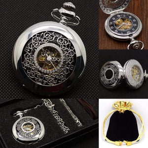 Planet Gates Hollow Flower Silver Hand Winding Mechanical Pocket Watch Mens Womens Box Bag