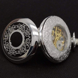 Planet Gates Hollow Flower Silver Hand Winding Mechanical Pocket Watch Mens Womens Box Bag