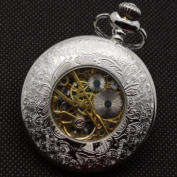 Planet Gates Hollow Flower Silver Hand Winding Mechanical Pocket Watch Mens Womens Box Bag