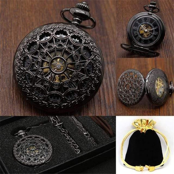 Planet Gates Hollow Spider web Mechanical Pocket Watch Set Luxury Pendant Watch for Men Men with Pocket & Necklace Chain Pouch Bag