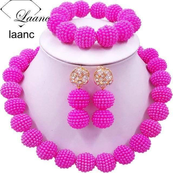Planet Gates Hot Pink African Beads Jewelry Set for Nigerian Wedding Simulated Pearl Necklace and Earrings SP1R004