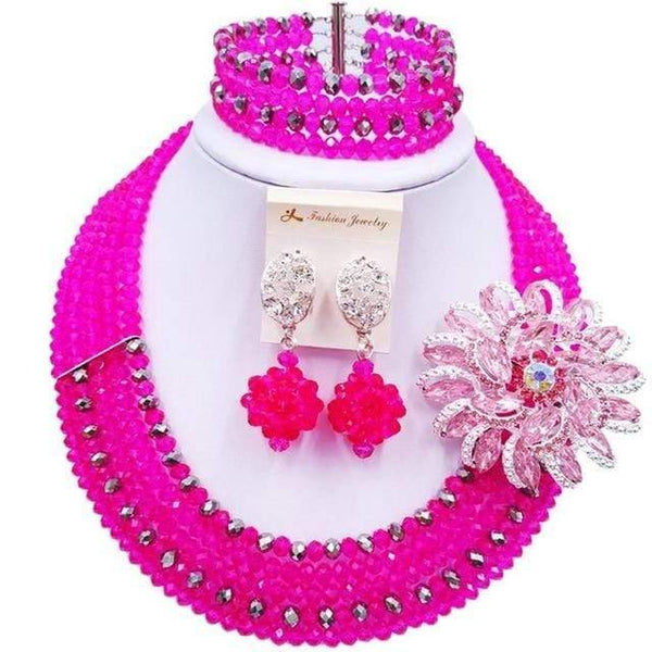Planet Gates Hot Pink Silver Wine Gold AB Crystal Nigerian Necklace African Beads Wedding Jewelry Sets for Women C5RST003