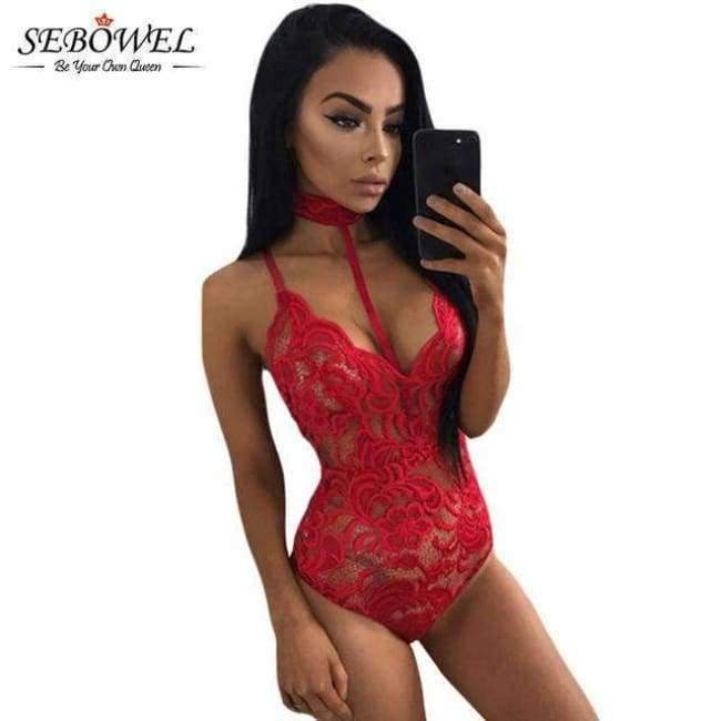 Planet Gates Pink bodysuit / L / China Elegant Floral Red Lace Bodysuit Women Backless Deep V Neck Sexy Bodysuit Bodycon Halter Sleeveless Jumpsuit Romper