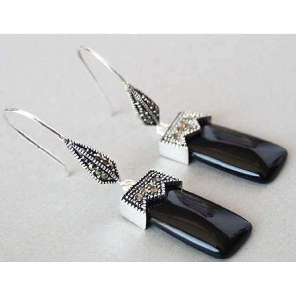 Planet Gates hot sell new - wb003 SILVER BLACK ONYX & MARCASITE GLOSS RECTANGLE DANGLE Hook EARRINGS