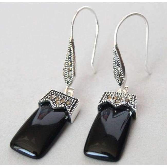 Planet Gates hot sell new - wb003 SILVER BLACK ONYX & MARCASITE GLOSS RECTANGLE DANGLE Hook EARRINGS