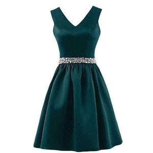 Planet Gates hunter / 6 Satin Crystal beading Sashes Bridesmaid Dresses V-neck Wedding Party Dress Simple Cheap Bridesmaid Gown Knee Length