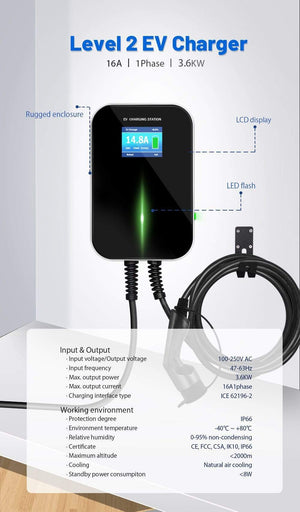 Planet Gates IEVISON 16A 1Phase 3.6KW EV Charger EVSE Wallbox Electric Vehicle Charging Station with Type 2 Plug IEC 62196-2 with 6.1M Cable