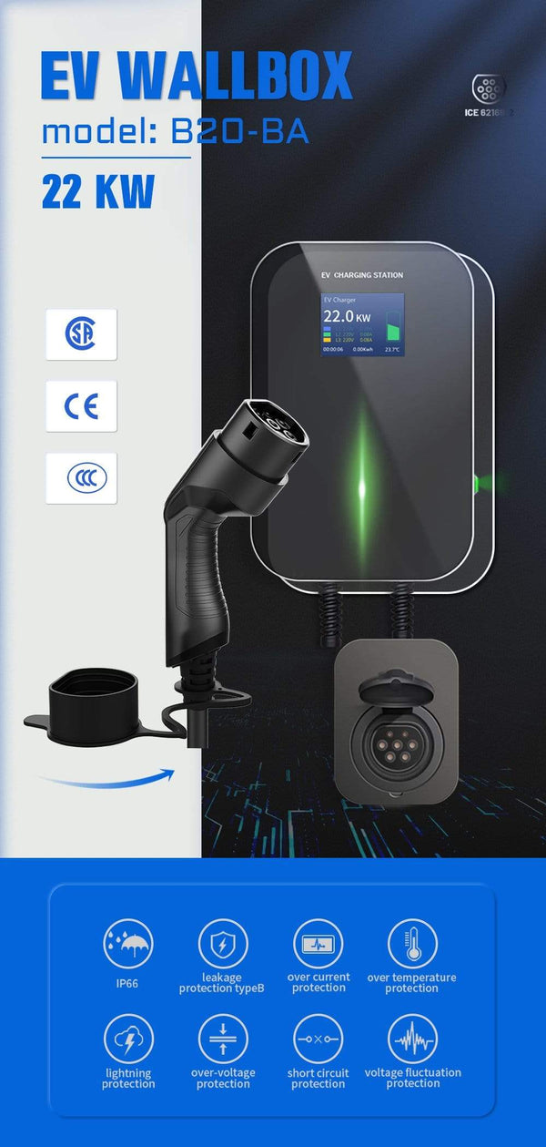 Planet Gates IEVISON 32A 3 Phase 22KW EV Charger Wallbox Electric Vehicle Charging Station Type 2 Socket IEC 62196-2 With Free Holder