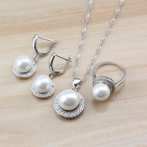 Planet Gates Imitation Rhodium Plated / 6 Wedding Bridal Costume 925 Silver Jewelry Sets With Natural Freshwater Pearl White Stone CZ For Women Sets