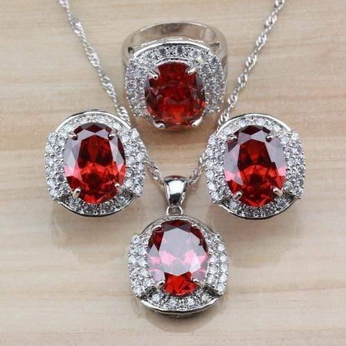 Planet Gates Imitation Rhodium Plated / 9 925 Sterling Silver With Natural Garnet Red Bridal Wedding Jewelry Sets For Women Hoop Earrings/Necklace/Bracelet/Ring