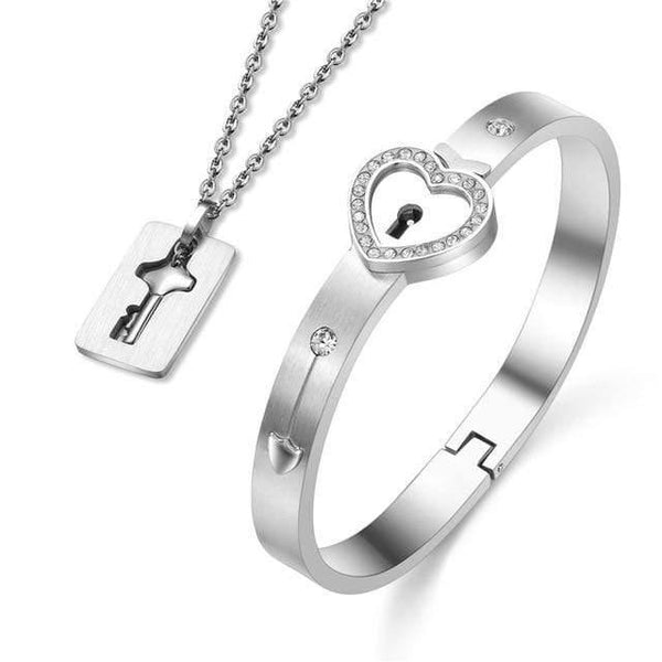 Planet Gates Imitation Rhodium Plated Lovers Jewelry Love Heart Lock Bracelet Stainless Steel Bracelets Bangles Key Pendant Necklace Jewelry Dropshipping