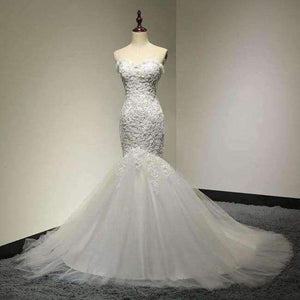 Planet Gates Ivory / 2 / 100cm Beaded Mermaid Wedding Dress 2017 Real Pictures Lace Wedding Dress Tulle Bridal Wedding Gown Vestido De Noiva SLDW57