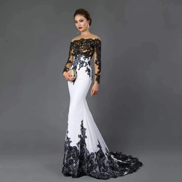 Planet Gates Ivory / 2 Long Sleeve Mermaid Evening Dresses Appliques black lace sweep train formal dress for Women