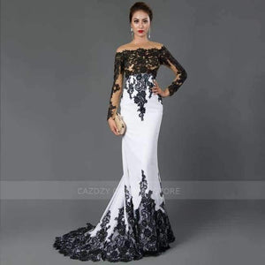 Planet Gates Ivory / 2 Long Sleeve Mermaid Evening Dresses Appliques black lace sweep train formal dress for Women