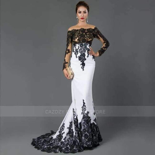 Planet Gates Ivory / 2 Long Sleeve Mermaid Evening Dresses Appliques black lace sweep train formal dress for Women