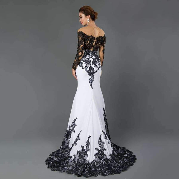 Planet Gates Ivory / 2 Long Sleeve Mermaid Evening Dresses Appliques black lace sweep train formal dress for Women