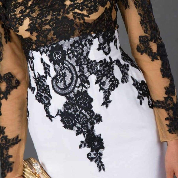 Planet Gates Ivory / 2 Long Sleeve Mermaid Evening Dresses Appliques black lace sweep train formal dress for Women