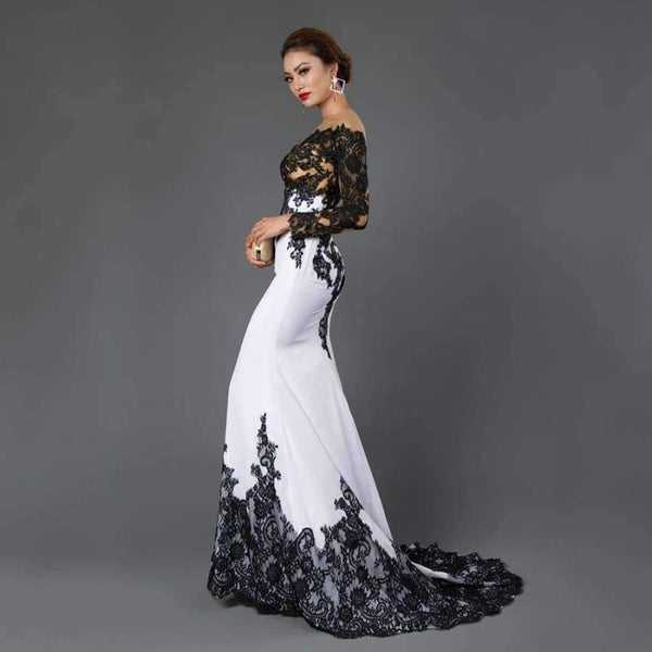 Planet Gates Ivory / 2 Long Sleeve Mermaid Evening Dresses Appliques black lace sweep train formal dress for Women