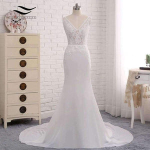 Planet Gates Ivory / 6 / 100cm Backless Sexy Chiffon Chapel Train Long Cap Sleeves Wedding Dress Mermaid Real Photos Bridal Gown 2018 SLD-W593