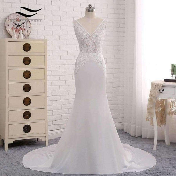 Planet Gates Ivory / 6 / 100cm Backless Sexy Chiffon Chapel Train Long Cap Sleeves Wedding Dress Mermaid Real Photos Bridal Gown 2018 SLD-W593