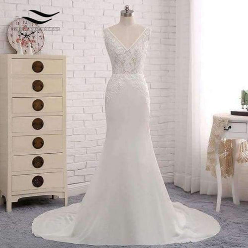 Planet Gates Ivory / 6 / 100cm Backless Sexy Chiffon Chapel Train Long Cap Sleeves Wedding Dress Mermaid Real Photos Bridal Gown 2018 SLD-W593