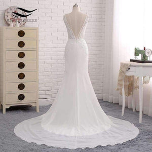 Planet Gates Ivory / 6 / 100cm Backless Sexy Chiffon Chapel Train Long Cap Sleeves Wedding Dress Mermaid Real Photos Bridal Gown 2018 SLD-W593