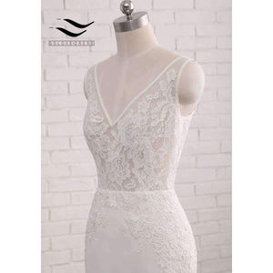 Planet Gates Ivory / 6 / 100cm Backless Sexy Chiffon Chapel Train Long Cap Sleeves Wedding Dress Mermaid Real Photos Bridal Gown 2018 SLD-W593