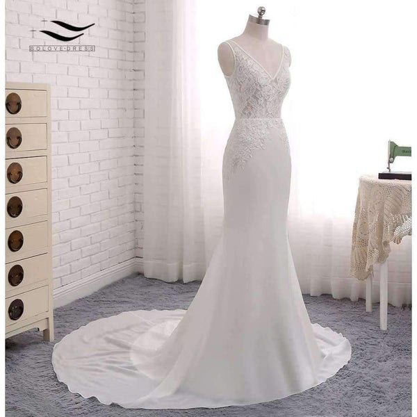 Planet Gates Ivory / 6 / 100cm Backless Sexy Chiffon Chapel Train Long Cap Sleeves Wedding Dress Mermaid Real Photos Bridal Gown 2018 SLD-W593