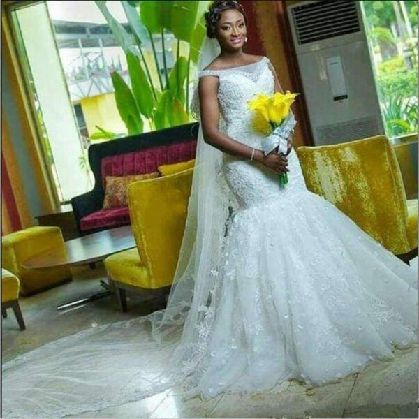 Planet Gates Ivory / 6 / 50cm The Latest African Style Mermaid Wedding Dress With Flowers Lace Wedding Gown Plus Size Wedding Gown