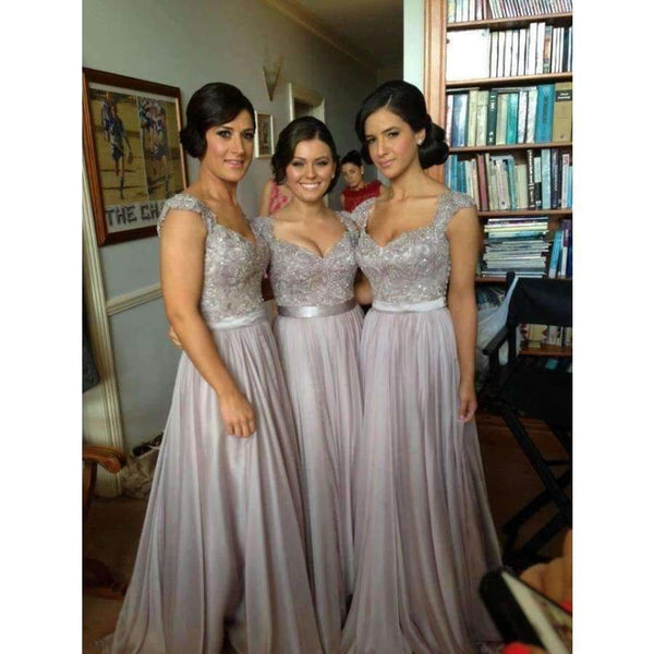 Planet Gates Ivory / 6 Bridesmaid dresses Long Floor Length Chiffon Sheer Short Sleeve Formal Gown grey silver bridesmaids dresses