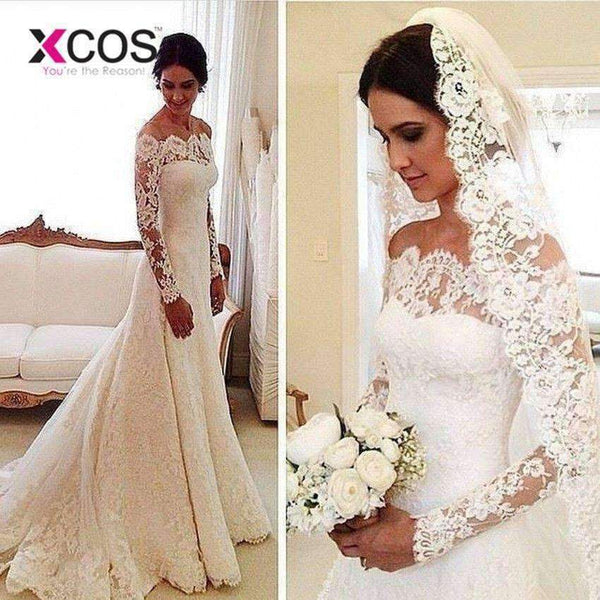 Planet Gates Ivory / 6 / China Elegant Lace Mermaid Wedding Dresses 2018 Long Sleeves Bridal Gowns Off the Shoulder Appliques vestido de noiva