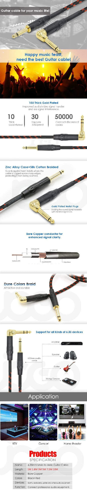 Planet Gates Jack 6.35 mm Mono Cable Gold Plated Guitar Cable Male to Male Cotton Braided Instrument Cable for Guitar Bass keyboard