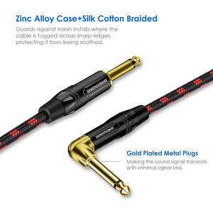 Planet Gates Jack 6.35 mm Mono Cable Gold Plated Guitar Cable Male to Male Cotton Braided Instrument Cable for Guitar Bass keyboard